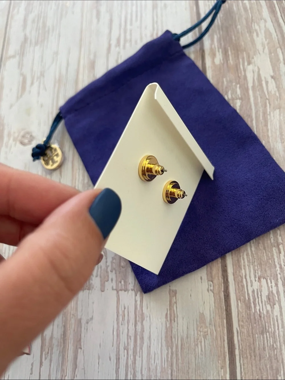 $235 New, Authentic Tory Burch Flower Black Enamel Gold TB Logo Stud Earrings
